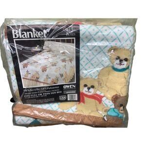 Vintage Owen Cuddle Teddy Bear Full or Twin Size Blanket NIP Made in USA NOS